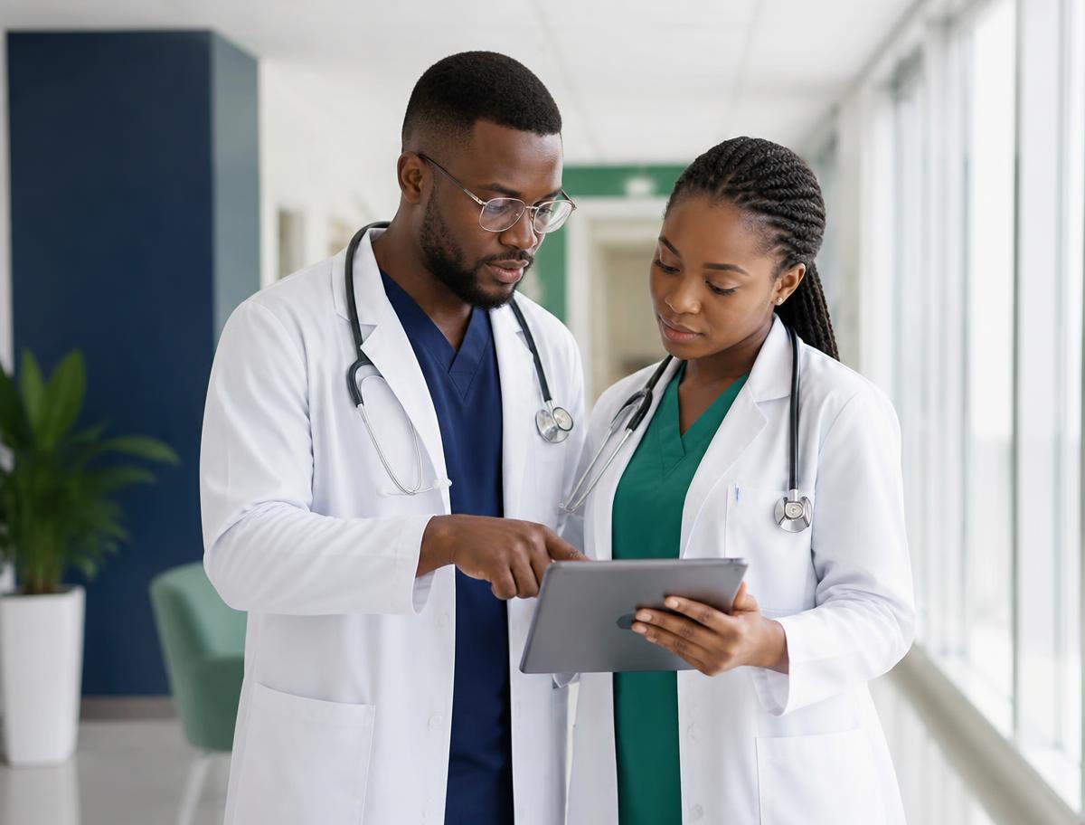 Healthcare professionals reviewing pharmaceutical information