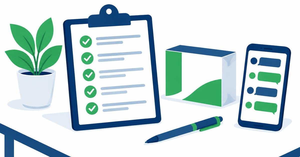Illustration of a pharmaceutical enquiry checklist, product carton and phone