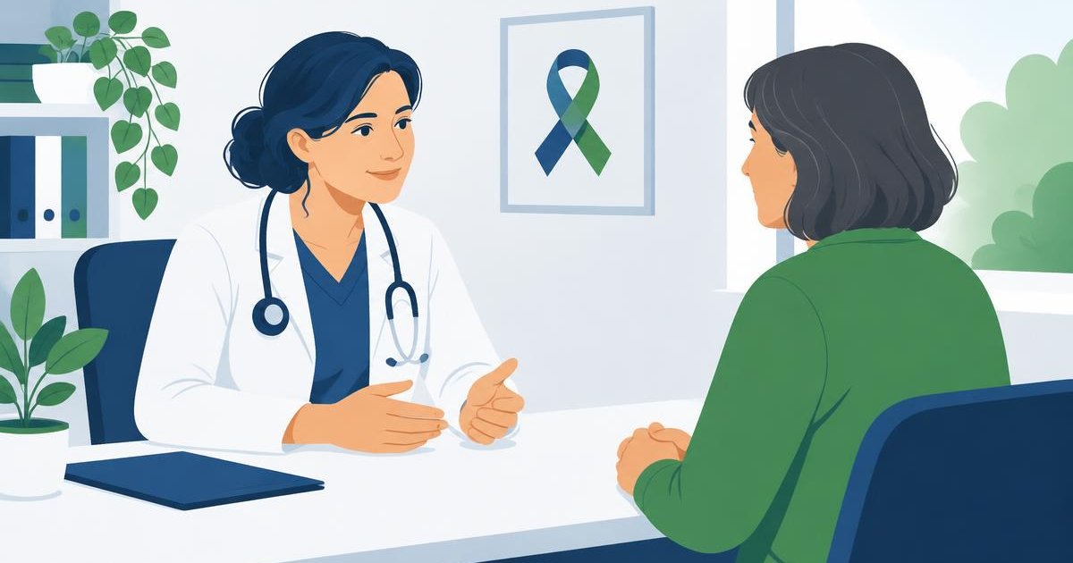 Illustration of a healthcare professional discussing oncology awareness with an adult
