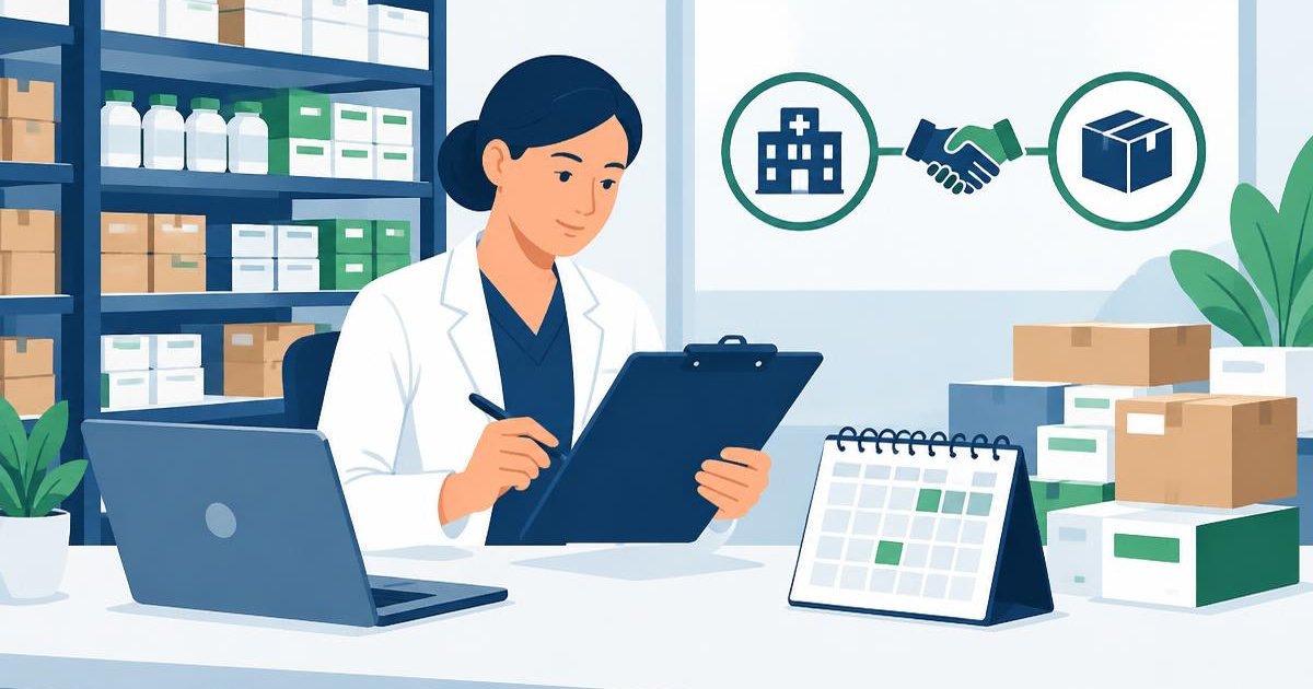 Illustration of healthcare inventory planning with a checklist and calendar