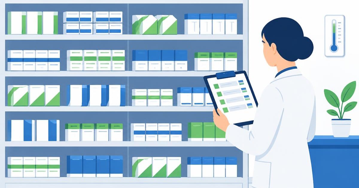 Illustration of orderly medicine shelves and a stock checklist