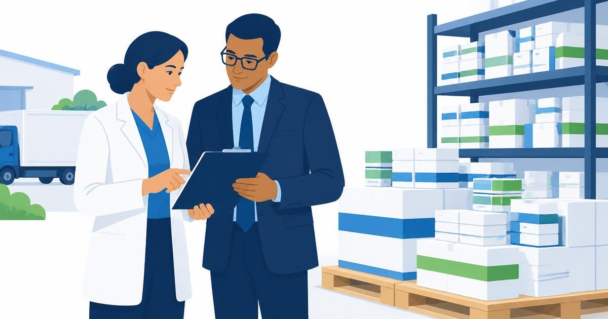 Illustration of healthcare professionals reviewing a pharmaceutical supply checklist