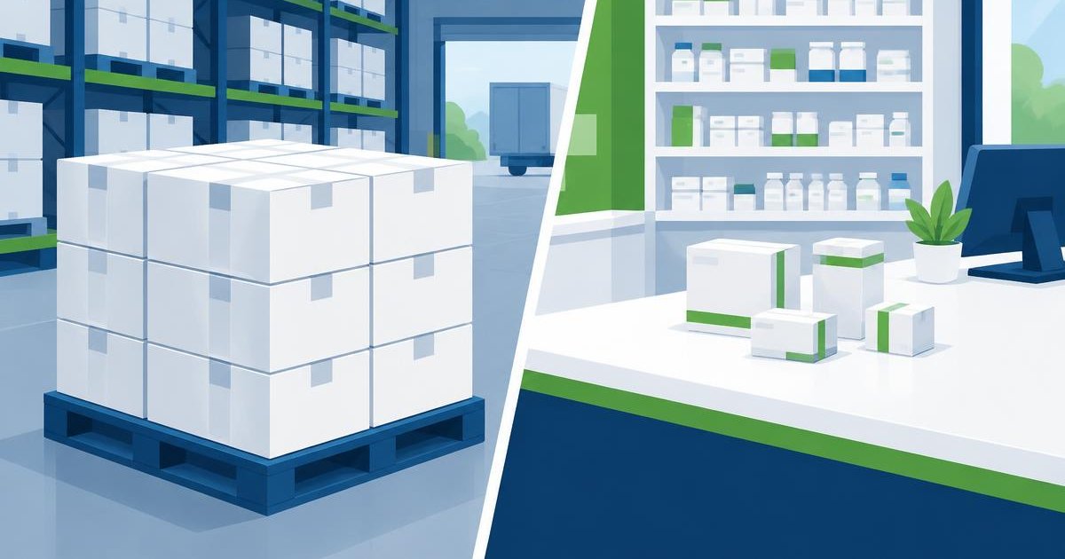 Illustration comparing bulk pharmaceutical cartons with smaller retail packs